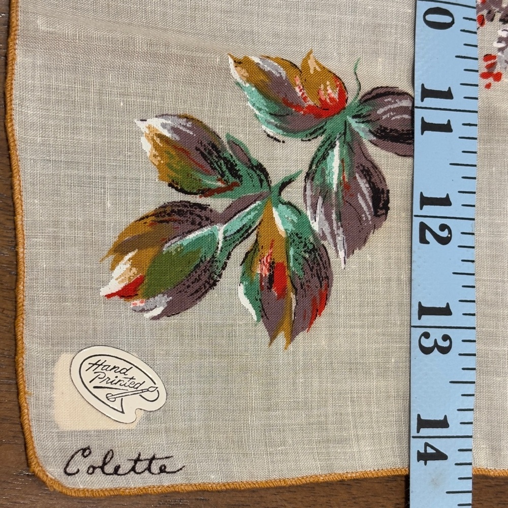 VTG 1960’s Colette signed hand-printed linen handkerchief MCM leaves unframed